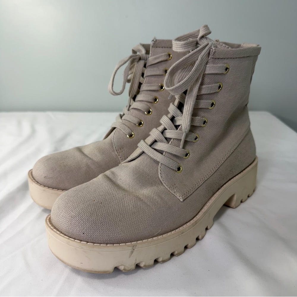 Michael Kors Jax Light Taupe Linen-blend Canvas Platform‎ Lace-Up Boots Sz 8M